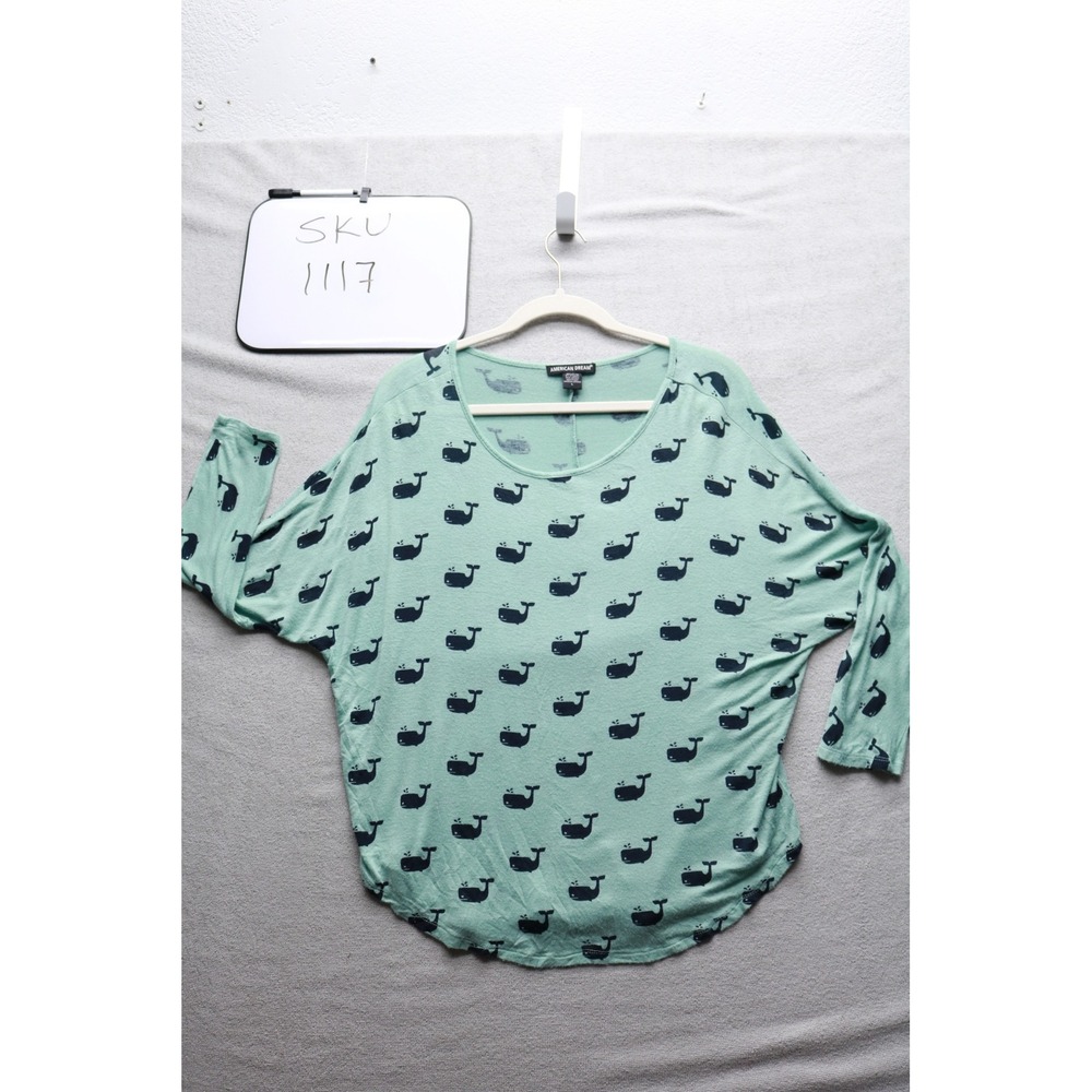 American Dream Top Womens L Green Whale Print Dolman Sleeve Rayon Blend Nautical